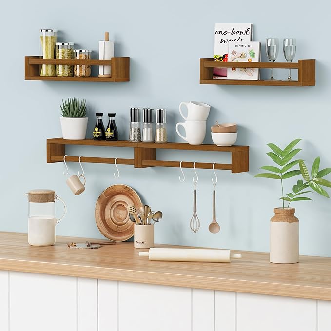 Forbena Walnut Brown Nursery Bookshelf Wall Mounted, Wooden Floating Book Shelves for Wall, Nursery Hanging Bookshelves for Baby Toddlers Kids Room Bedroom (Pine Wood, Walnut Color, 4-Pack)