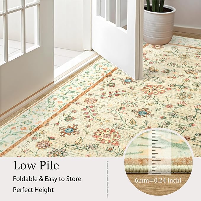 LOCHAS Washable Area Rugs 4x6, Beige Floral Rug for Living Room Bedroom Non Slip, Ultra Soft Vintage Indoor Carpet for Kids, Nursery, Dorm, Dining Room, Classroom, Boho Flower Home Decor, Low-Pile
