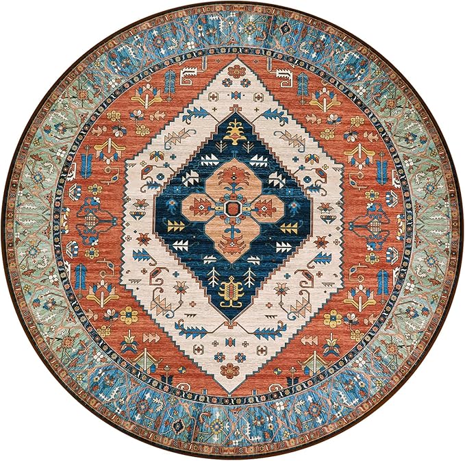 Lahome Boho Washable 3Ft Round Area Rug, Non-Slip Throw Untra-Thin Small Round Carpet, Oriental Vintage Distressed Circle Rug for Bathroom Bedroom Kitchen Office Sofa, 3x3/Rust