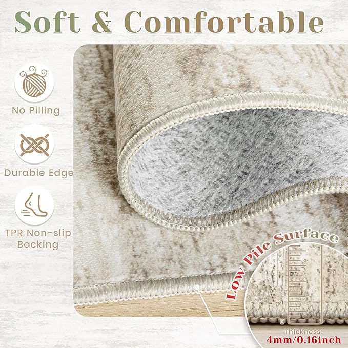 Washable Rug 8x10 Area Rugs for Living Room: Large Neutral Soft Rug Abstract Non Slip Low Pile Modern Carpet for Bedroom Kitchen Nursery Office Dining Room Indoor (Beige, 8'x10')