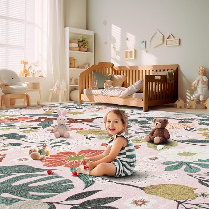 8x10 Area Rug for Living Room: Vintage Floral Washable Rug Soft Boho Non Slip Carpet Large Indoor Floor Non Shedding Low Pile Thin Carpets for Bedroom Dining Room Farmhouse Nursery Home Light Pink