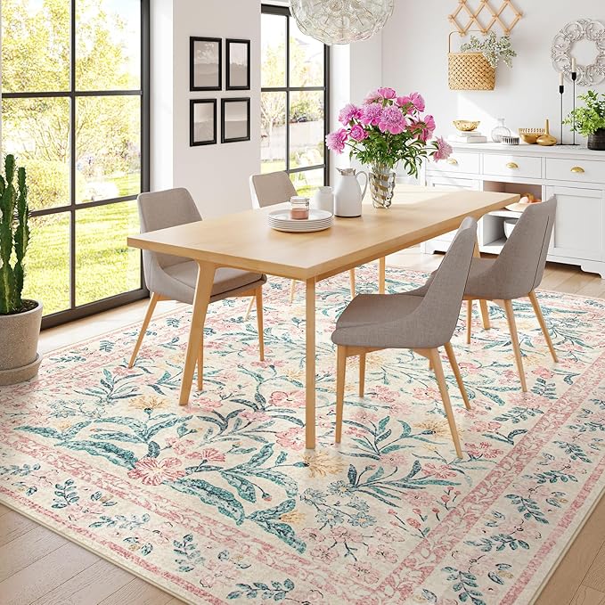 Wonnitar Floral Large Rugs for Living Room, Soft Light Pink Rug Washable 9x12 Carpet Non Slip, Boho Foldable Non-Shedding Kids Carpet for Bedroom Girls Nursery Dorm Playroom