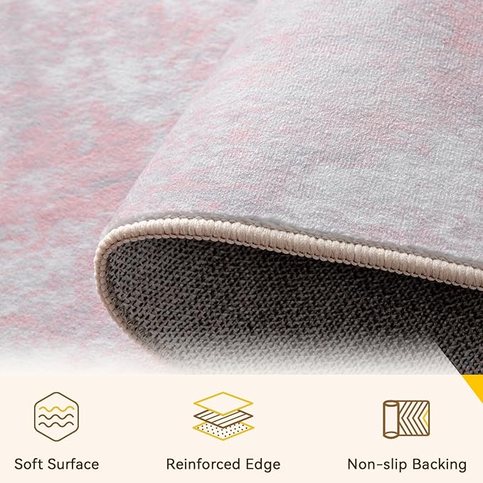 Washable Area Rugs 5'x8' Non-Slip Modern Abstract Soft for Living Room Entryway Bedroom Nursery, Print Pattern, Grey Pink