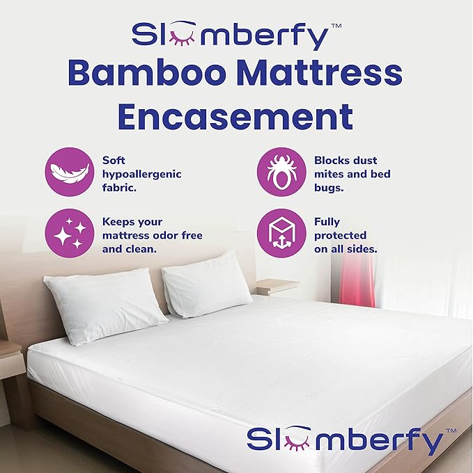 Queen Size Waterproof Bamboo Mattress Encasement by Slumberfy - Premium Skin-Safe Mattress Protector with 360° EZ Zipper, Lab-Tested Bed Bug, Zippered Encasement (60x80 in)