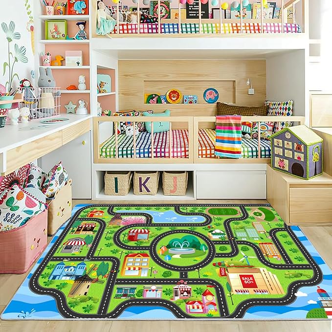 Car Rug,Kids Play Rug with Roads,Playroom Toy Car Rug, Car Track Rug City Map for Bedroom Classroom - (78.7X59 Inches)
