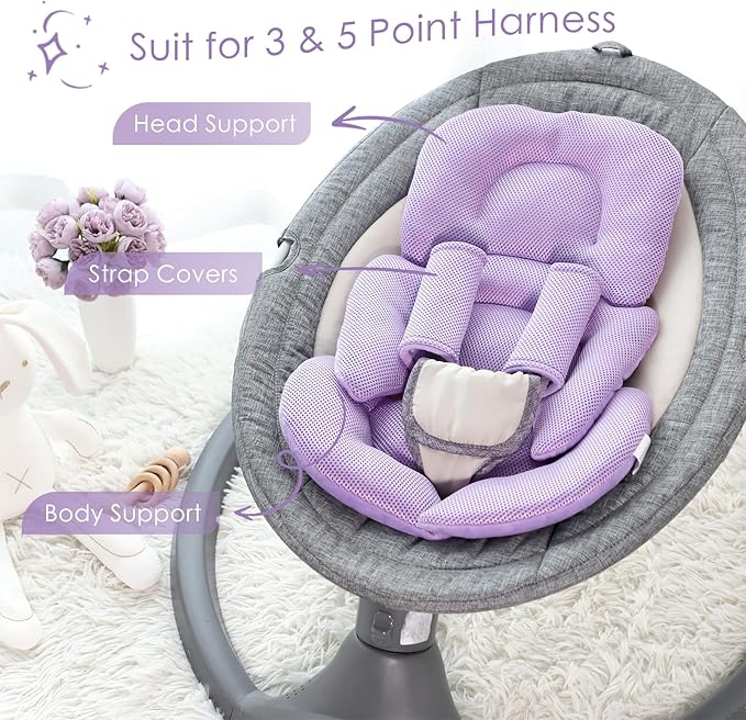 Infant Car Seat Insert for Newborn Girls Boys, Summer Mesh Baby Carseat Head Support with Strap Pads, Soft Reversible Baby Car Seat Insert Cushion Pad for Car Seat, Stroller, Bouncer, Swing, Purple