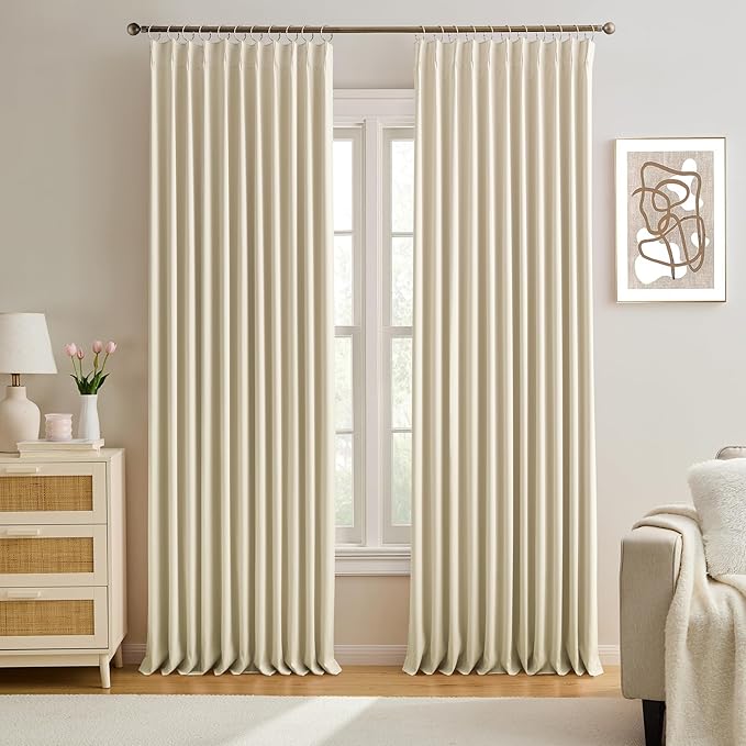 KEQIAOSUOCAI Cream Beige Blackout Curtains 100 Inches Long, Vertical Draft Privacy Window Drapes for Living Room/Dining Room/Bedroom, 72 Inch Wide x 100 Inch Long, Pinch Pleat with Hooks, 2 Panels