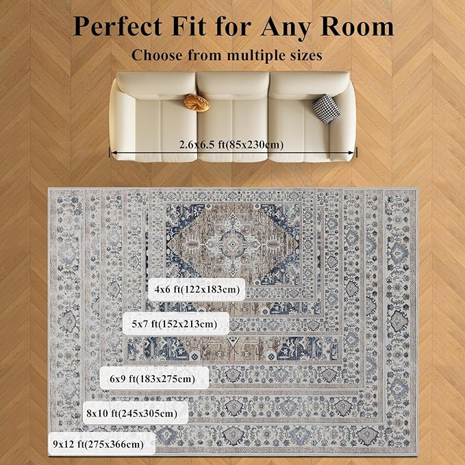 Washable 6x9 Area Rug for Living Room, Carpet for Bedroom Dining Room, Non Slip&Non-Shedding Resistant Low Pile Vintage Print Rug for Home Office (Taupe/Blue)