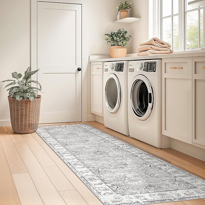 jinchan Runner Rug 2x5 Machine Washable Hallway Rug Grey Vintage Floral Print Non-Slip Low Pile Ultra-Thin for Kitchen,Entryway,Laundry Room,Bedroom,Farmhouse (2‘x5’,Grey)