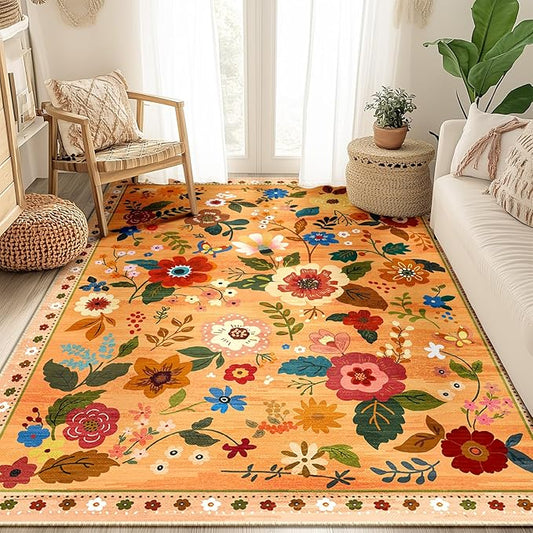Floral 5x7 Area Rug Machine Washable Soft Print Boho Carpet Non Slip Doormat Low Pile Flower Area Rugs for Living Room Bedroom Nursery Kitchen Dining Room Indoor-Yellow/Orange