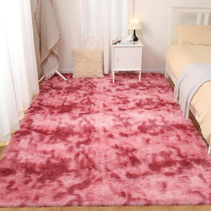 Luxury 3x5 Area Rug, Ultra Soft Rugs for Living Room, Plush Carpet Rugs for Bedroom, Non-Slip Indoor Rug for Nursery, Study Room, Playroom, Home Decor, Tie-Dyed Dark Pink