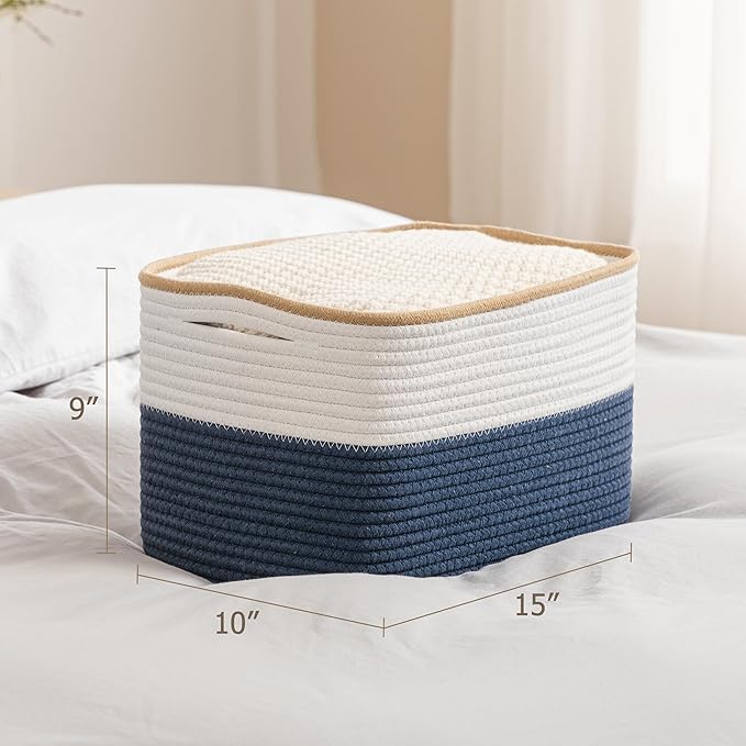 UBBCARE 4 Pack Baskets for Organizing, Woven Storage Baskets for Toys and Towel, Rectangle Cotton Rope Basket with Handles, 15''L x10''W x9''H, Navy Blue