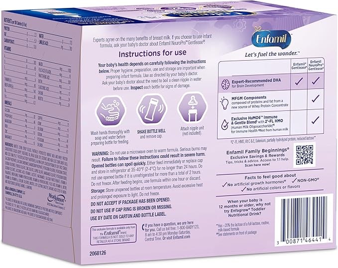 Enfamil NeuroPro Gentlease Baby Formula, Infant Formula Nutrition, Brain and Immune Support with DHA, Proven to Reduce Fussiness, Crying, Gas and Spit-up in 24 Hours, Liquid Bottle, 2 Oz, 48 Total