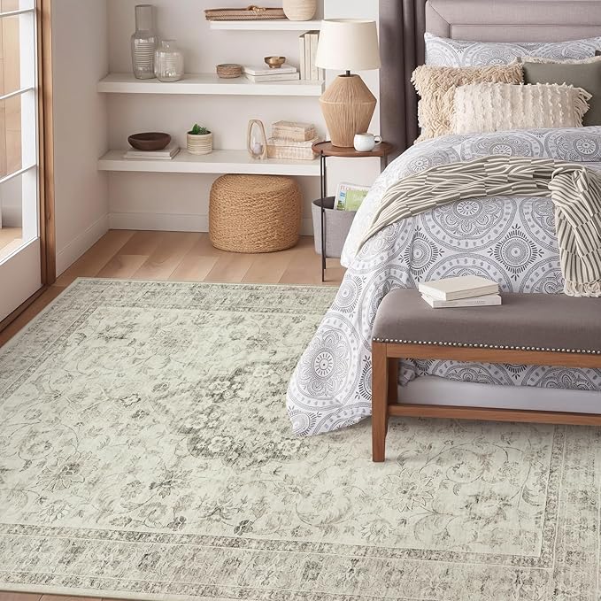 LIVEBOX Washable Area Rug 8x10 Rugs for Living Room Bedroom, Non-Slip Boho Indoor Carpet for Dining Room Office, Low-Pile Farmhouse Soft Carpets for Kids Nursery Room Playroom, Taupe