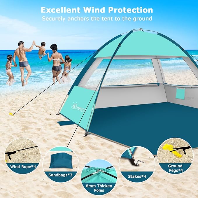 COMMOUDS Beach Tent Sun Shade for 3/4-5/6-7/8-10 Person, UPF 50+ Beach Sun Shelter Canopy Tent, Lightweight, Easy Set Up and Carry