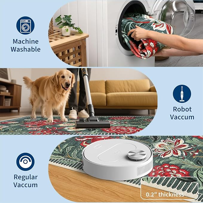 GarveeHome Floral Botanical Washable 9x12 Area Rug for Living Room Soft Grey Green Vintage Boho Cottage Large Rugs Low Pile Carpet for Bedroom Dining Nursery Rug