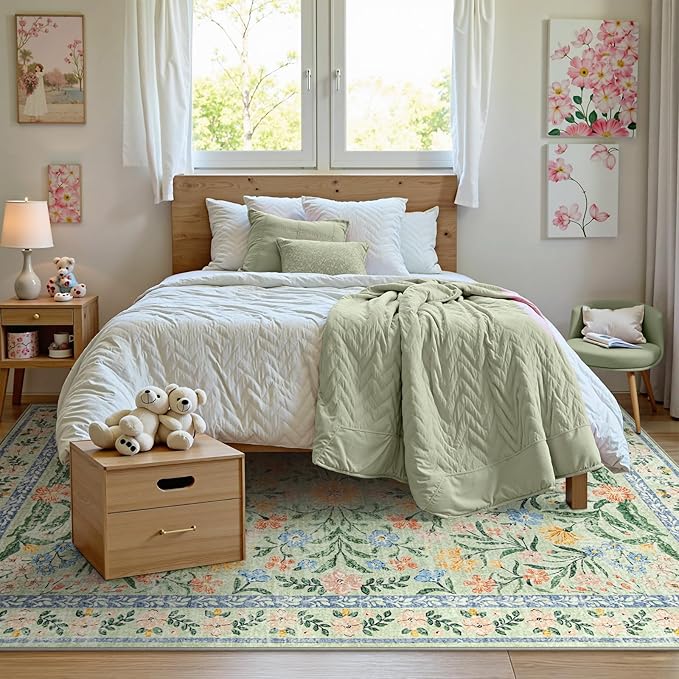 Wonnitar Washable Floral 6x9 Rug, Soft Green Area Rug Boho Non Slip Dining Room Carpet, Non-Shedding Flower Floor Carpets for Kids Bedroom Living Room Dorm Playroom