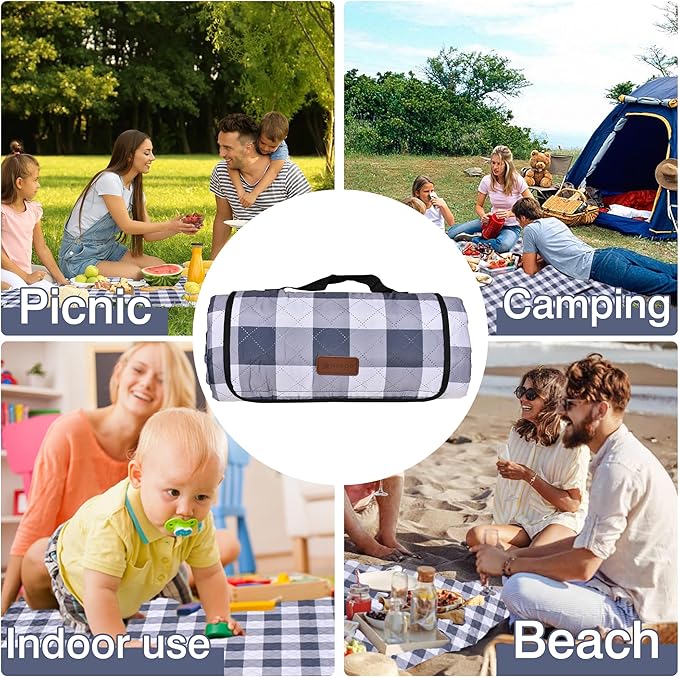HX&OD Outdoor Picnic Blanket, Extra Large, 80''x80'' Waterproof Foldable Blankets Gingham Picnic Mat for Beach, Camping Grass Lawn Park Accessories Cute Couple Ideas Wedding (Gray, 80”x80”)