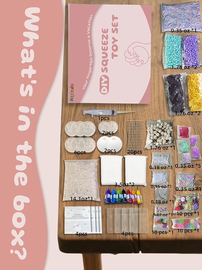 DIY Stress Ball Making Kit - 10 TPR Skins, 13 Fillers, 14 oz Slime, 7 oz Clay, Create ASMR Anxiety Relief Toys, Handmade Squishy Stress Balls, Unique Self-Care Gifts for Women, Crunchy and Relaxing