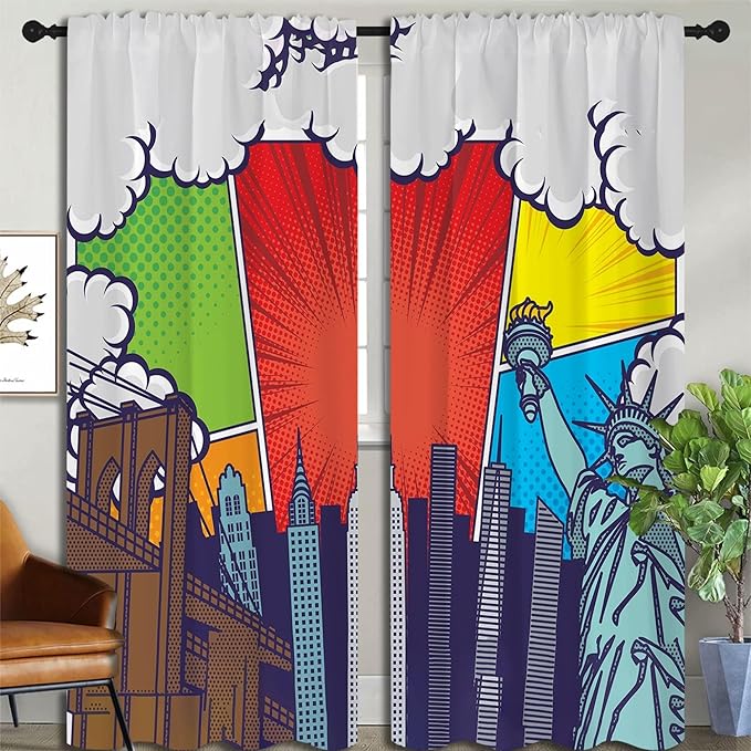 City Rod Pocket Blackout Curtains for Boy Girl Bedroom, Pop Art Style New York Cityscape Home Energy Efficient Light Filtering Window Curtain for Living Room, 84x84 inch