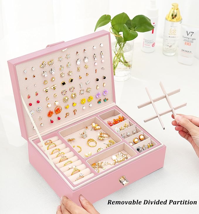 Girls Jewelry Box Earring Holder Organizer for Girls Earring Organizer Teen Jewelry Box Organizer for Girls Pink jewelry Boxes for Earrings Necklaces Rings Stud Earrings Box Organizers Teens