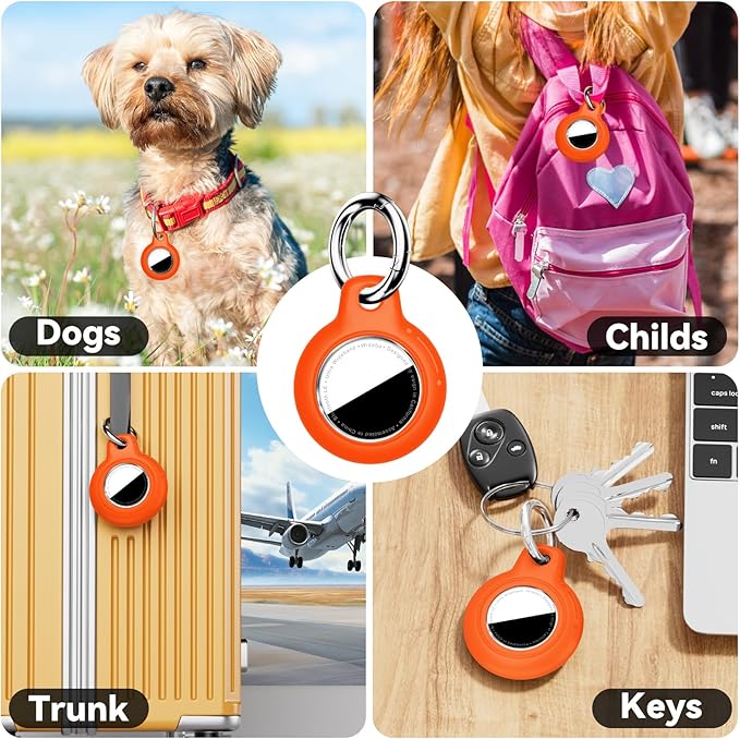 Upgrade Waterproof 4 Pack Airtags Holder with Apple Airtags Keychain, Hard PC Air Tag Case, Anti-Scratch & Shock Air tag Holder, Men's Women's Keyrings & Keychains -Red+Mint Green+Orange+Purple