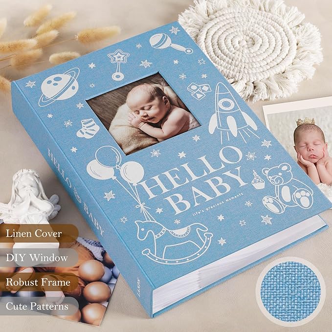 Lanpn Baby Photo Album 4x6 300 Pockets, Linen Newborn Bebe Ultrasound Photo Album with Memo Writing Area, Cover Photo Book, Picture Album for kids, Baby Boy Memory Book Keepsake Blue