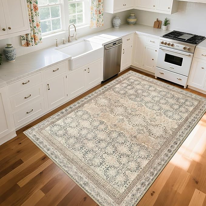 6x9 Washable Area Rug Non Slip, Thin Vintage Floral Living Room Rug Low Pile, Indoor Large Distressed Print Carpet for Bedroom, Dining Room, Farmhouse, Home Office, College Dorm Beige/Pink/Orange