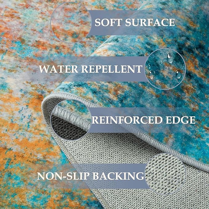 Washable Area Rugs 8'x10' Non-Slip Modern Abstract Soft for Living Room Entryway Bedroom Nursery, Print Pattern, Teal Blue Green Orange Rust Red Colorful