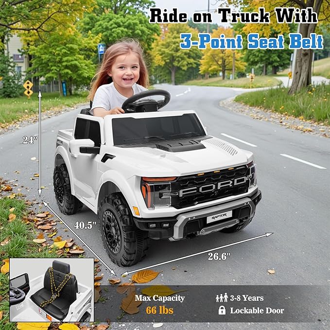 12V Ride on Car Licensed Ford F-150 Raptor, Kids Electric Car with Remote Control, LED Light/Music/MP3, Truck Bed Storage, 3-Point Seat Belt (12V, White)