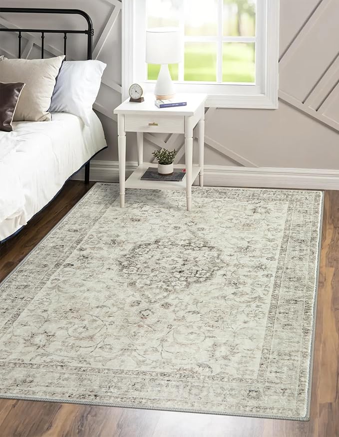 LIVEBOX Bedroom 4x6 Washable Area Rug for Entryway Kitchen, Non-Slip Soft Boho Rugs for Dining Room Office, Farmhouse Low-Pile Neutral Soft Carpet for Nursery Room Playroom, Taupe