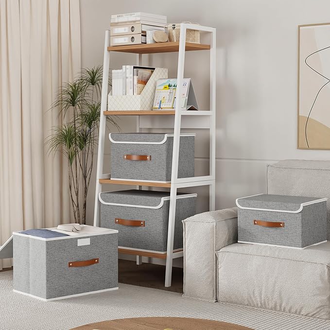 Yawinhe Collapsible Storage Boxes, Foldable Bin with Lids, Cube Clothes Organizer Basket with Handles, Grey, 13.0''Lx9.0''Wx7.9''H, 1-Pack, SNK024GS-1