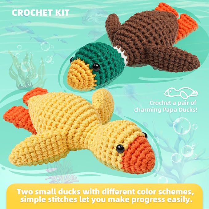 Crochet Kit for Beginners, Learn to Crochet, Include Easy Knitting Soft Yarn, Step-by-Step Video Tutorial, Hook, Holiday Birthday Gift for Adults and Kids(2 Pack Ducks)