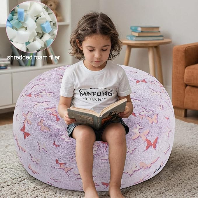 COMAX Kids Bean Bag Chair Turn into Beanbag Bed, Toddler Bean Chair for Girl Boy Sleeping, Lazy Children Bean Bags with Filler, Convertible Child Floor Mattress, Purple Butterfly