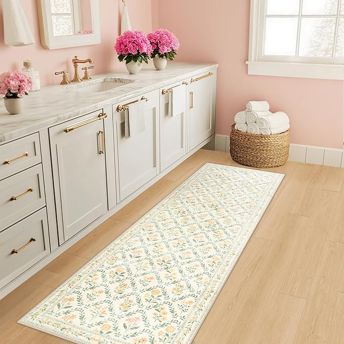 Runner Rug for Entryway: 2.6x8 Kitchen Rugs Non Slip Washable Ultra-Thin Soft Floral Carpet Indoor Floor Stain Resistant Carpets for Hallway Bedroom Kitchen Laundry Bathroom Dorm Beige/Multi