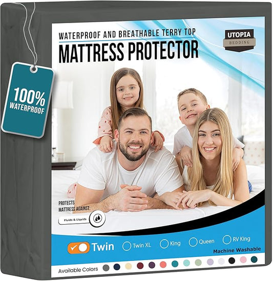 Utopia Bedding Waterproof Mattress Protector Twin Size, Premium Terry Mattress Cover 200 GSM, Breathable, Fitted Style with Stretchable Pockets (Gray)