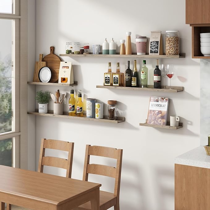 Floating Picture Ledge Shelves for Wall Set of 8, 16 Inch Solid Wood Wall Shelves with Lip Long Large Nursery Book Shelf for Toys Storage Kids Bookshelf Wall Mounted Living Room Bedroom Decor Frames