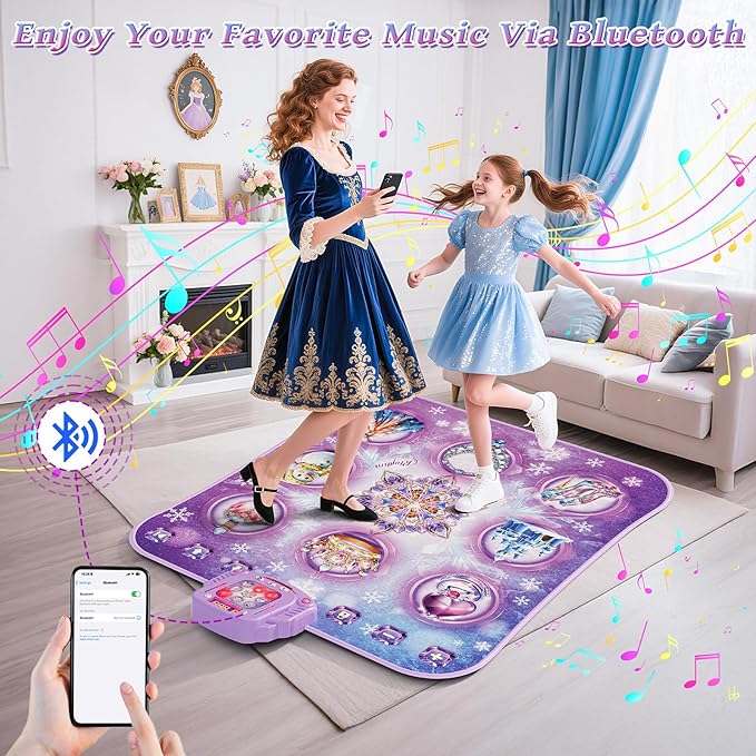 Dance Mat Toy for 3-12 Year Old Girls, Electronic Dance Pad with Wireless Bluetooth,Frozen 8-Button Music Princess Toys Play Mat for Kids with LED Light, Built-in Music, Toddlers Birthday Gift Ages 3+
