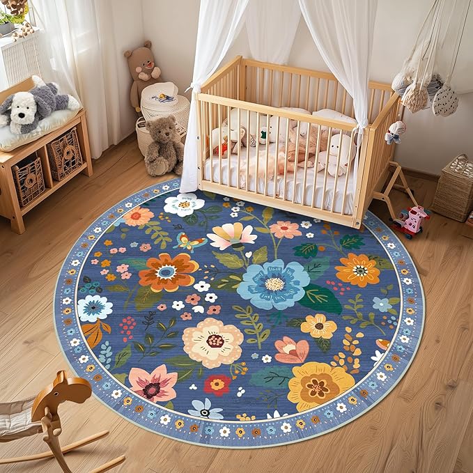 Floral 6ft Area Rug Machine Washable Soft Print Boho Carpet Non Slip Doormat Low Pile Flower Area Rugs for Living Room Bedroom Nursery Kitchen Dining Room Indoor-Blue/Grey