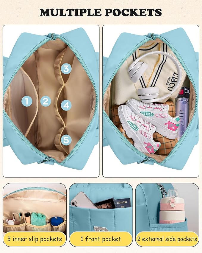 Duffle Bag, Weekender Bags for Girl，Initial Overnight Bag with Wet Pocket，Lightweight Dance Bags Personalized Gymnastics bag with Makeup Pouch-Birthday Gifts for 10 11 12 13 Year Old Girls