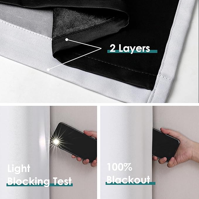 ChrisDowa 100% Blackout Curtains for Bedroom with Black Liner, 2 Thick Layers Total Blackout Thermal Insulated Grommet Window Curtains 2 Panels Set (Greyish White, 52 x 72 Inch)