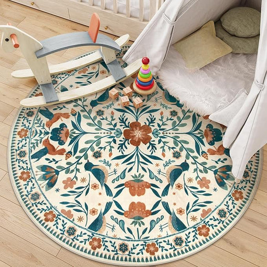 Moynesa Boho Bird Round Rug 6ft, Machine Washable Circle Area Rug for Living Room Ultra Thin Soft Large 6'x6' Bedroom Carpet for Office Kitchen Dining Room Under Table, Indoor, Easy Clean, Beige