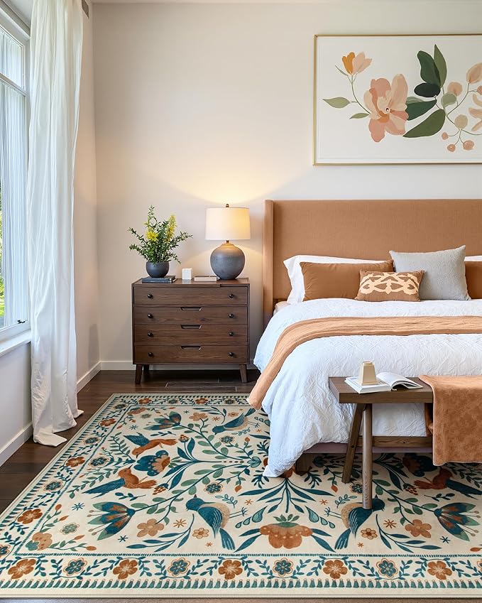 Moynesa Boho Bird 9x12 Area Rug Washable 9x12 Rugs for Living Room, Large Floral Bedroom Carpet Low-Pile Soft Animal Playroom Rug, Jungle Pattern Indoor Carpet for Dining Room Nursery