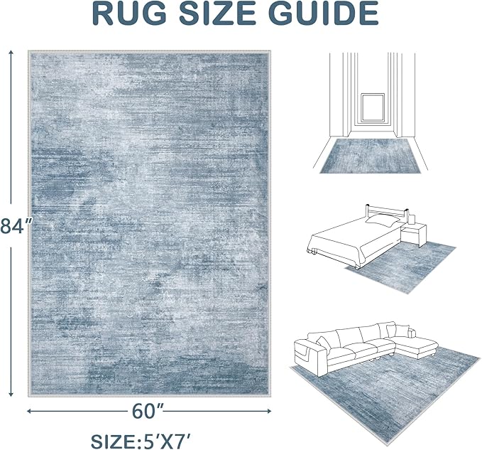 Area Rugs 5x7 Living Room: Washable Rug Modern Abstract Large Rugs Soft Non Slip Neutral Rug Stain Resistant Indoor Carpet for Bedroom Kitchen Dining Room Table Nursery Home Office Rugs(Blue,5'x7')