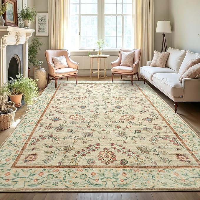 LOCHAS Washable Area Rugs 4x6, Beige Floral Rug for Living Room Bedroom Non Slip, Ultra Soft Vintage Indoor Carpet for Kids, Nursery, Dorm, Dining Room, Classroom, Boho Flower Home Decor, Low-Pile