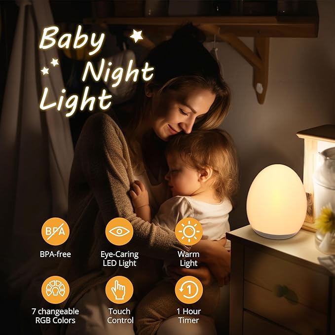 JolyWell Night Light for Kids, Baby Egg Light with 7 Colors Changing Mode & Stepless Dimming, Nursery Night Lamp BPA Free,Rechargeable Egg Night Light for Breastfeeding 1h Timer & Touch Control, Wood