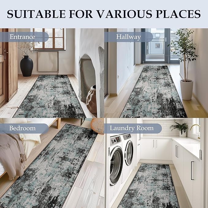 Washable Area Rugs 2'x10' Non-Slip Modern Abstract Soft for Living Room Entryway Bedroom Nursery, Print Pattern, Blue Black Teal