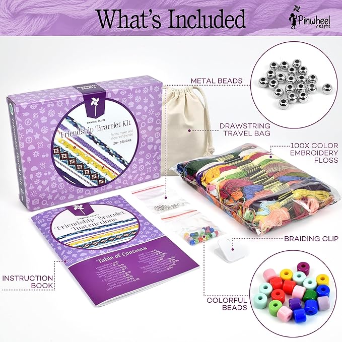 Pinwheel Crafts Friendship Bracelet Kit – DIY String Bracelet Making Kit for Girls 8-12 – 100 Floss, Colored/Metal Beads, Braiding Clip, Design Book – Jewelry Making Set for Girls Gift