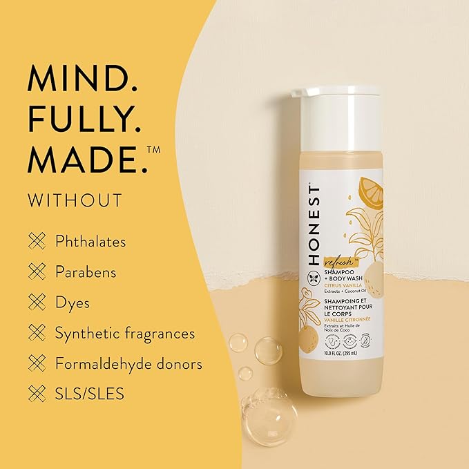 The Honest Company 2-in-1 Cleansing Shampoo + Body Wash | Gentle for Baby | Naturally Derived, Tear-free, Hypoallergenic | Citrus Vanilla Refresh, 18 fl oz