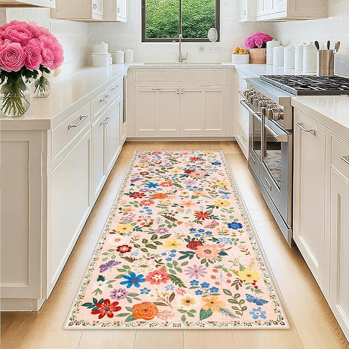 Runner Rug for Entryway: 2.6x8 Kitchen Rugs Non Slip Washable Ultra-Thin Soft Floral Carpet Indoor Floor Stain Resistant Carpets for Hallway Bedroom Kitchen Laundry Bathroom Dorm Beige